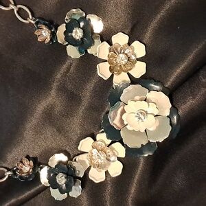 Floral Statement Necklace. Navy Blue, White & Silver